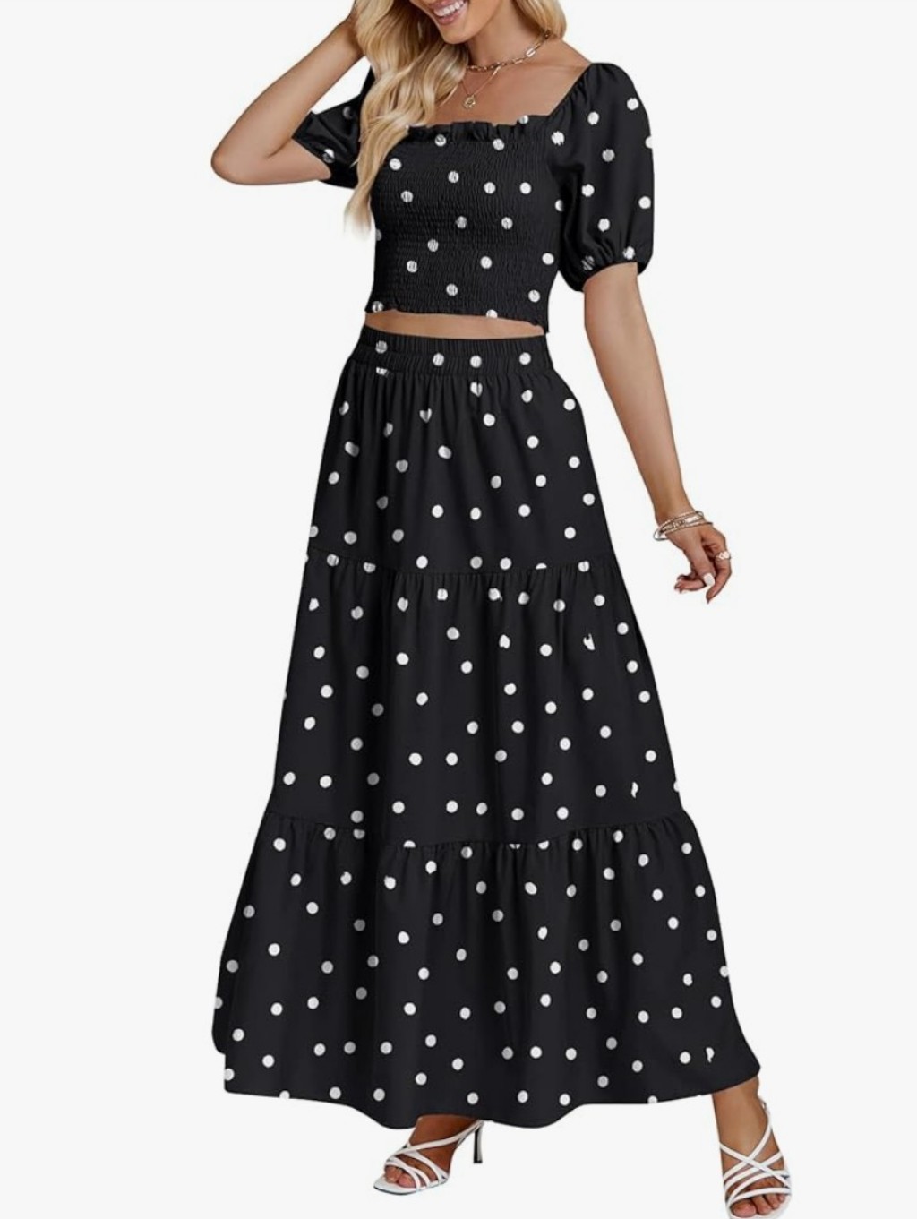 Black Polka Dot Smocked Blouse And Tiered Maxi Skirt Set